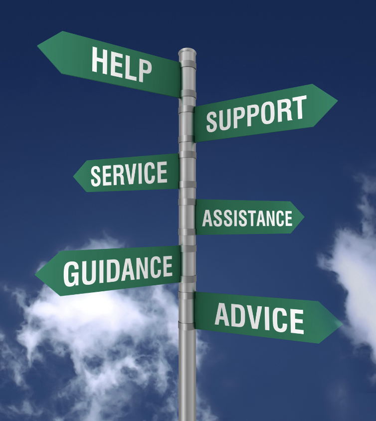 A sign that says help, support, service, assistance, guidance, and advice. 